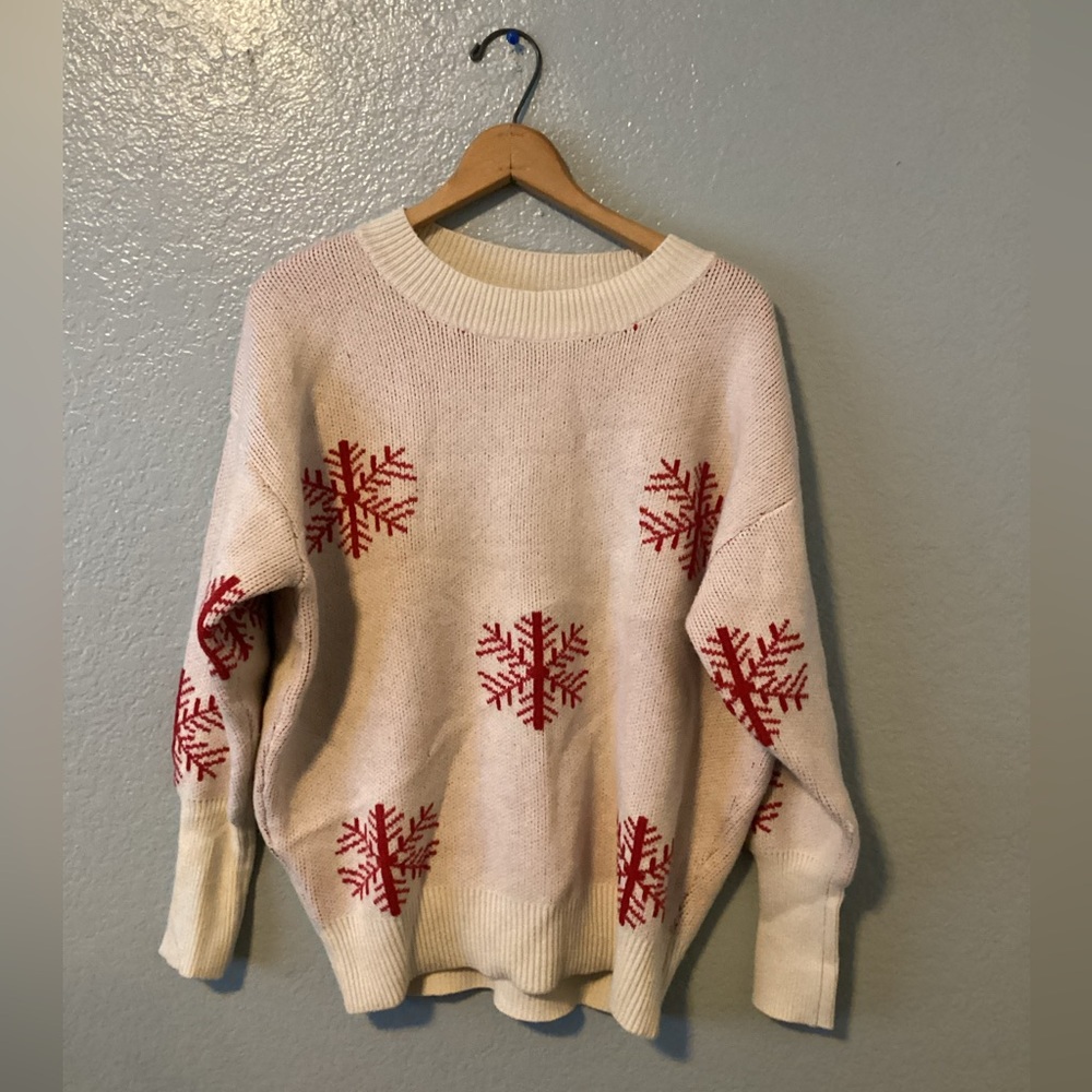 Chelsea & Theodore Cream Sweater with Red Snowflake Pattern